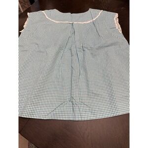 Vintage Style Teal Gingham Lace Trim Sleeveless Blouse Pleated Yoke Top